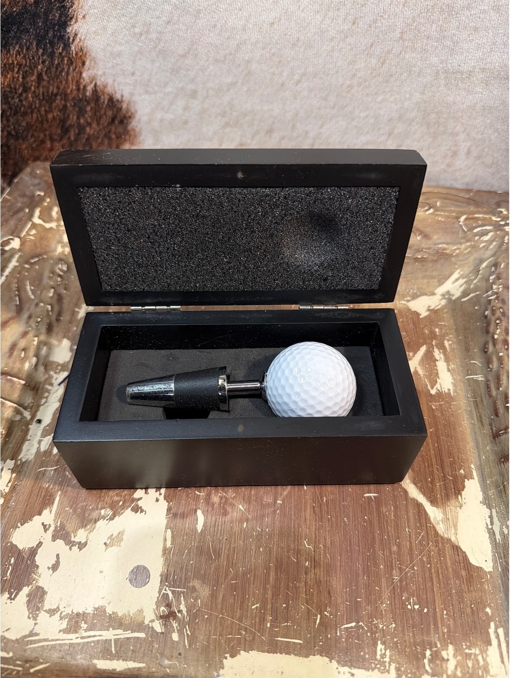 Golf Ball Wine Stopper with Black Wooden Storage Box